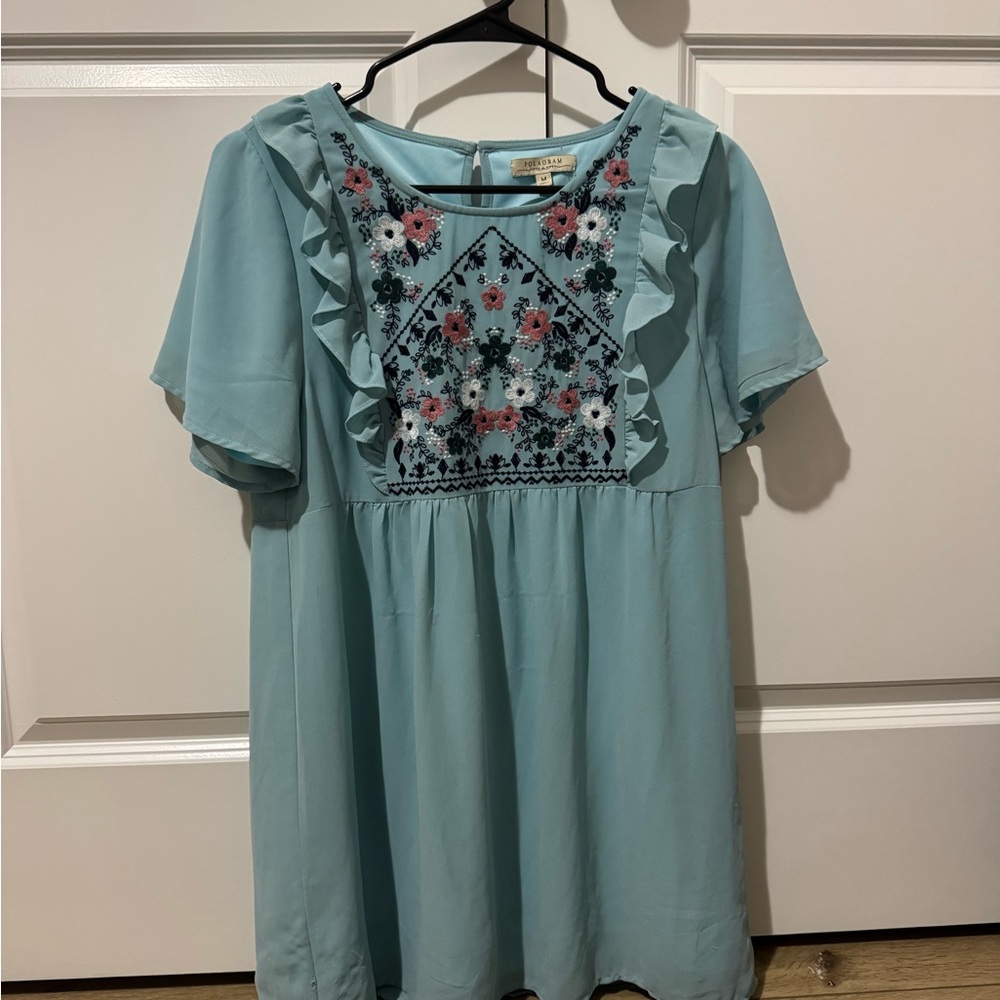 Polagram Floral Embroidered Ruffle Top - Blue with Coral and Navy Flowers M